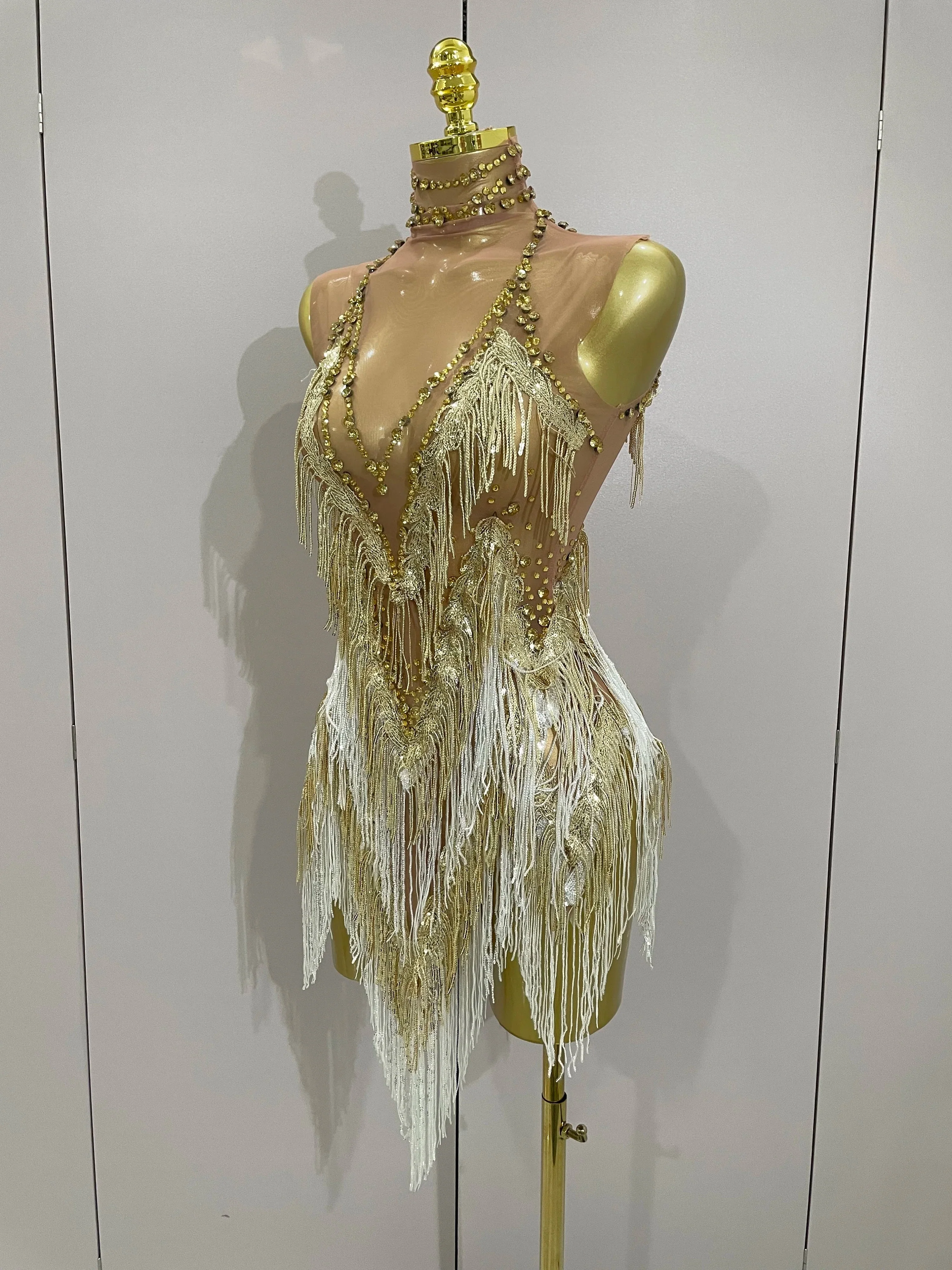 Women Sexy Stretch Mesh Sparkly Rhinestone Tassels Mini Dress Nightclub Singer Dance Stage Costume Evening Gowns - Image 2
