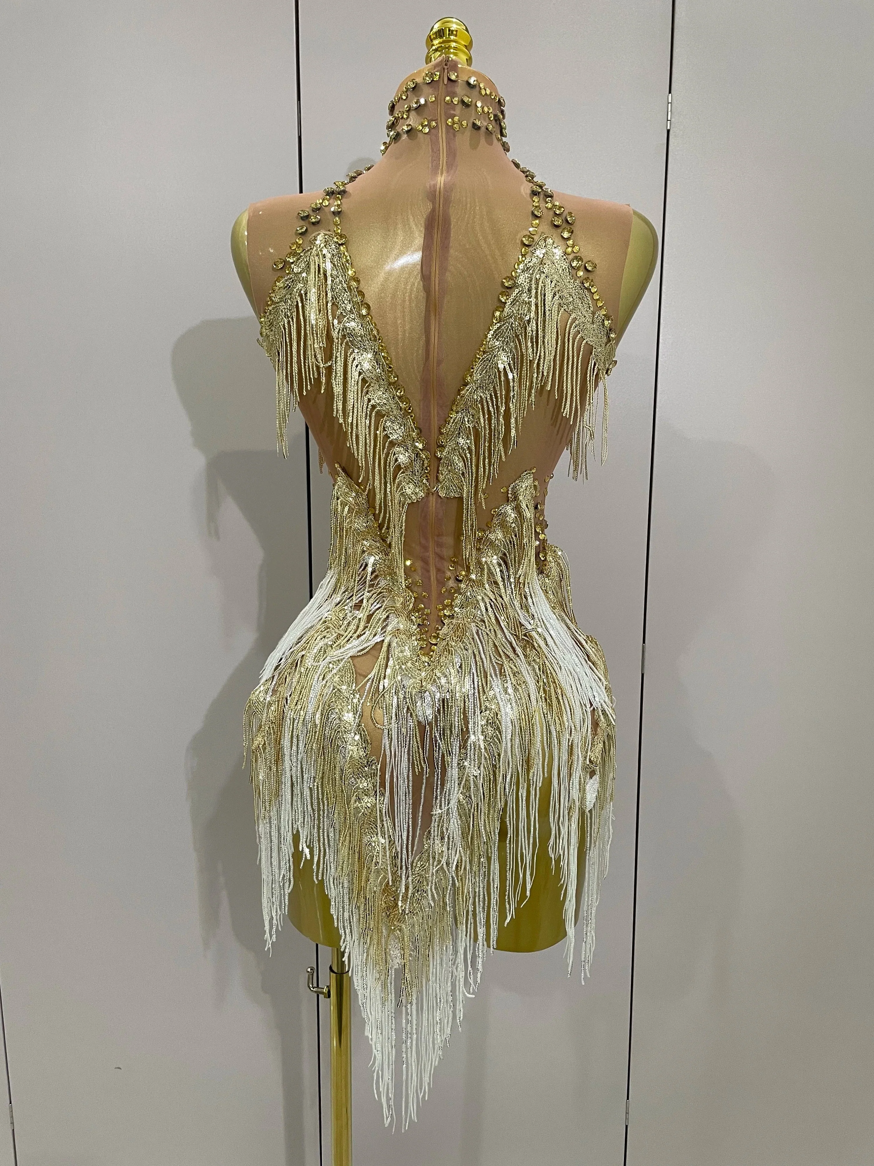 Women Sexy Stretch Mesh Sparkly Rhinestone Tassels Mini Dress Nightclub Singer Dance Stage Costume Evening Gowns - Image 3