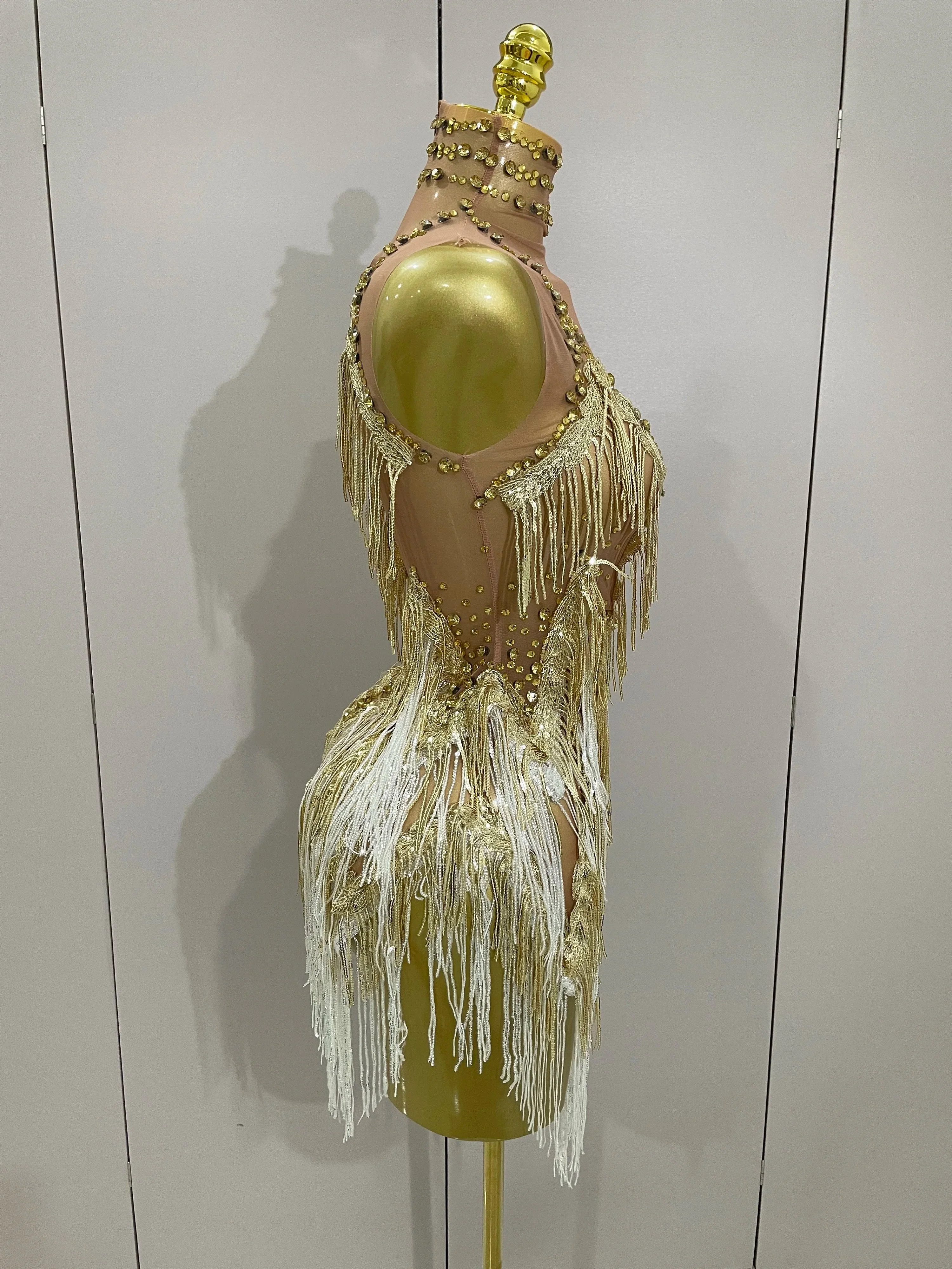 Women Sexy Stretch Mesh Sparkly Rhinestone Tassels Mini Dress Nightclub Singer Dance Stage Costume Evening Gowns - Image 4