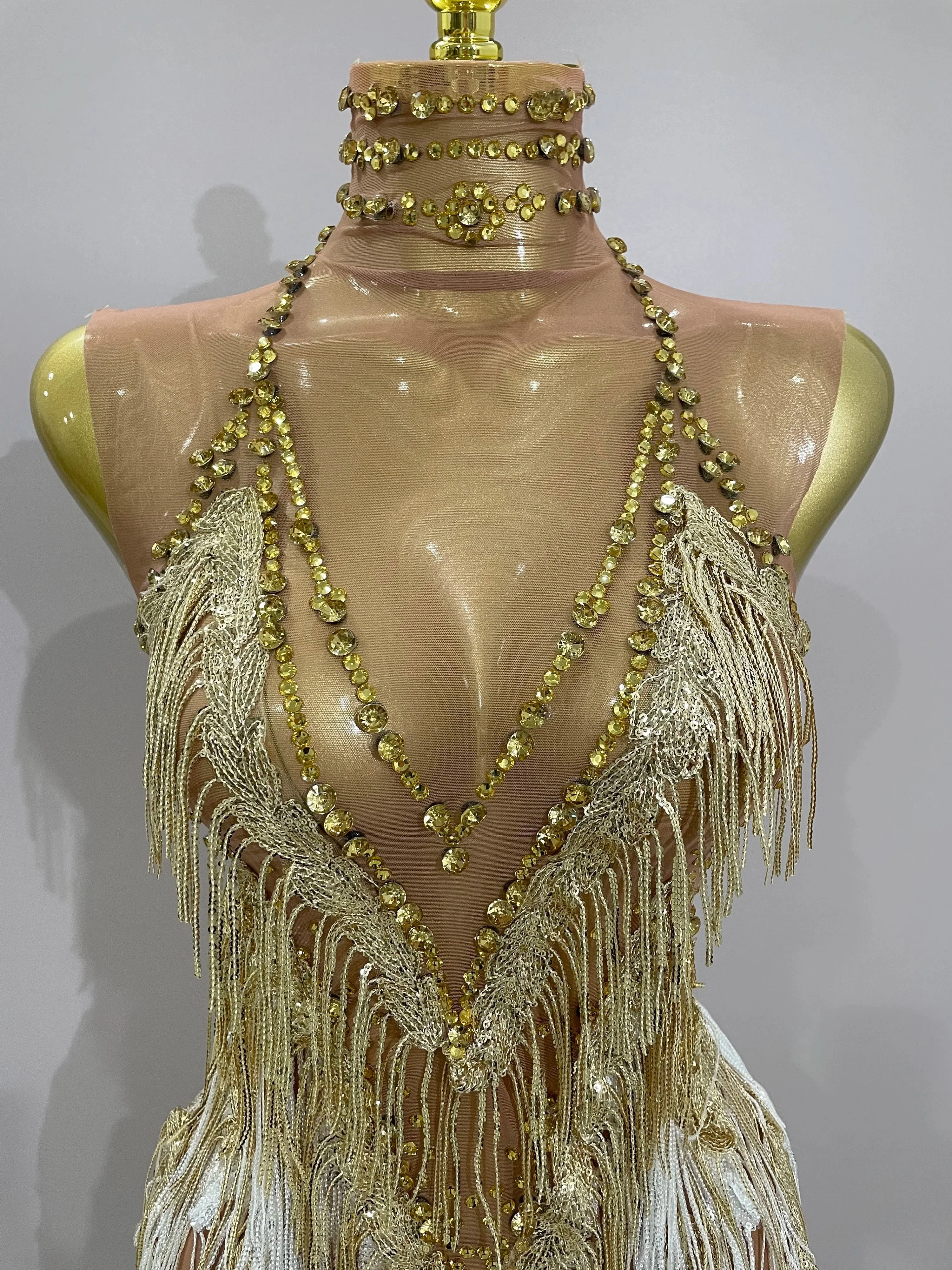 Women Sexy Stretch Mesh Sparkly Rhinestone Tassels Mini Dress Nightclub Singer Dance Stage Costume Evening Gowns - Image 5