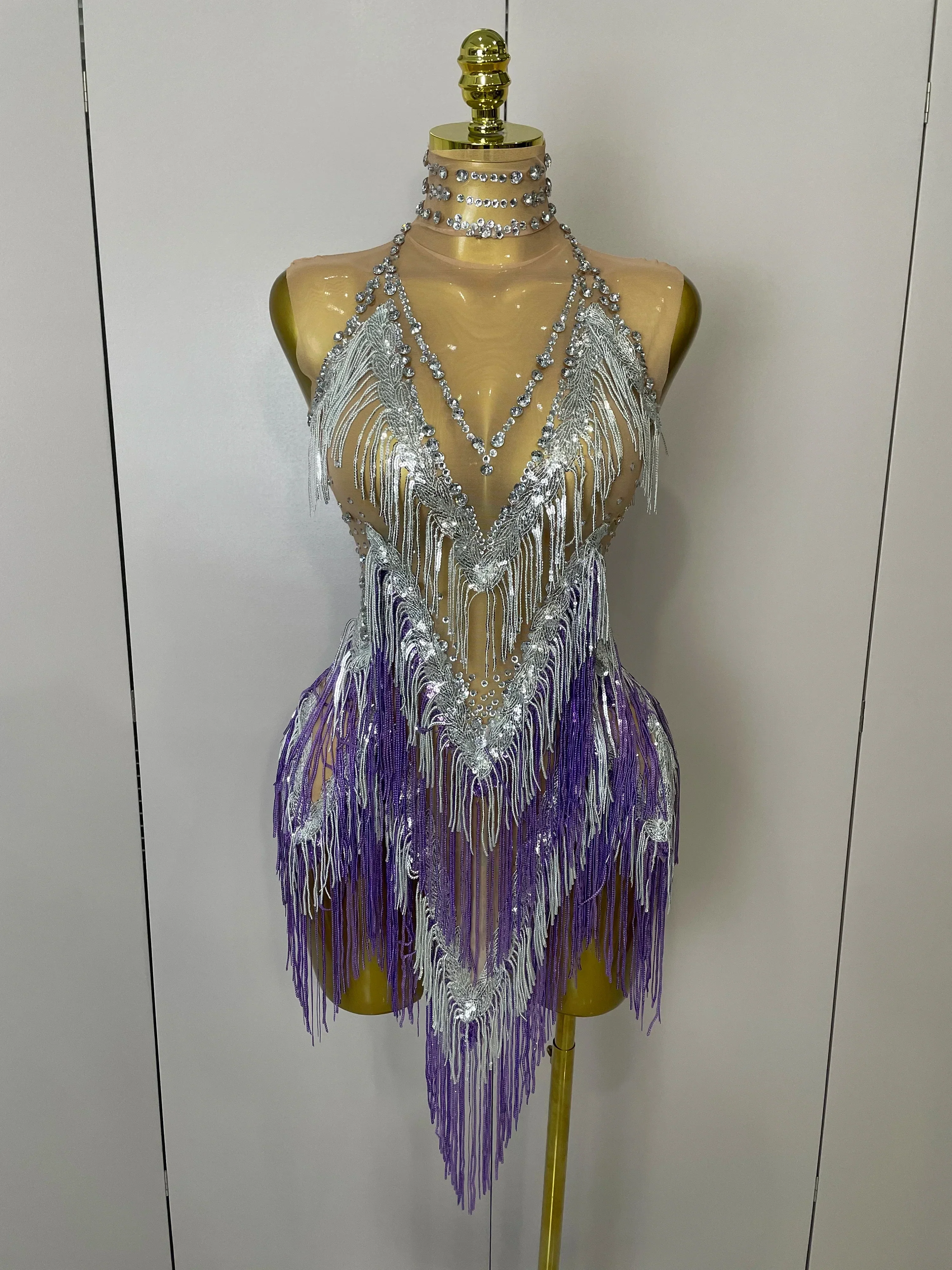 Women Sexy Stretch Mesh Sparkly Rhinestone Tassels Mini Dress Nightclub Singer Dance Stage Costume Evening Gowns - Image 7