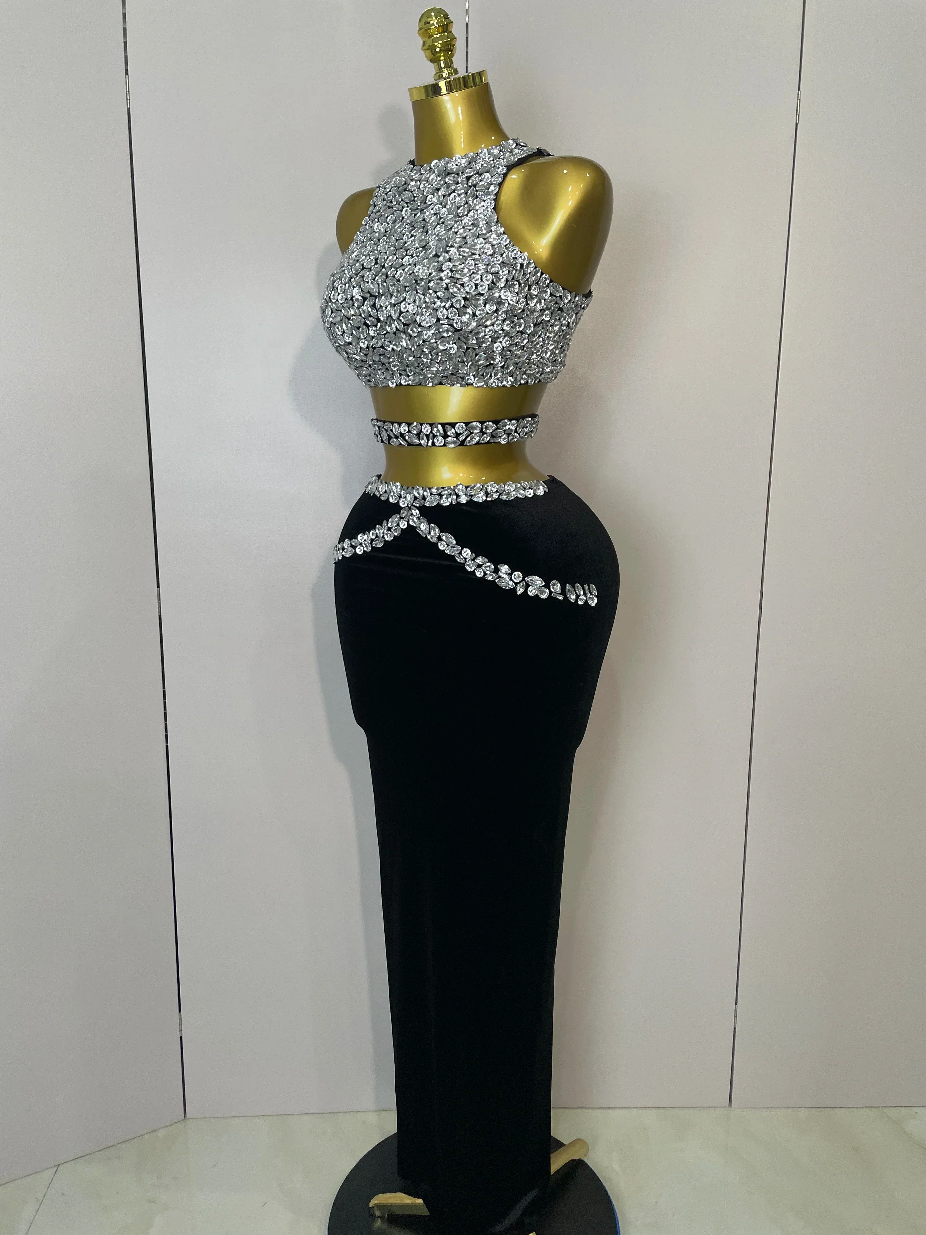 Women Sparkly Rhinestone Two-piece Set Sexy Velvet Singer Nightclub Outfit Celebrate Birthday Elegant Party Dresses - Image 2