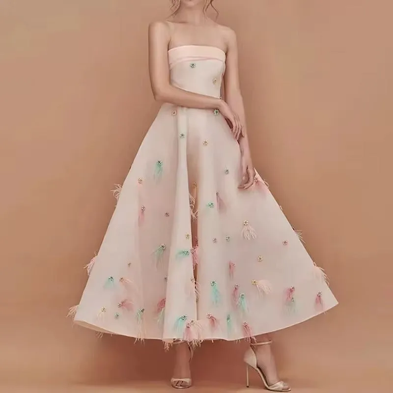 Strapless Light Pink Women's Dress A-line Evening Dresses For Women Feather Dress Applique Prom Dress Ankle Length Dress - Image 3