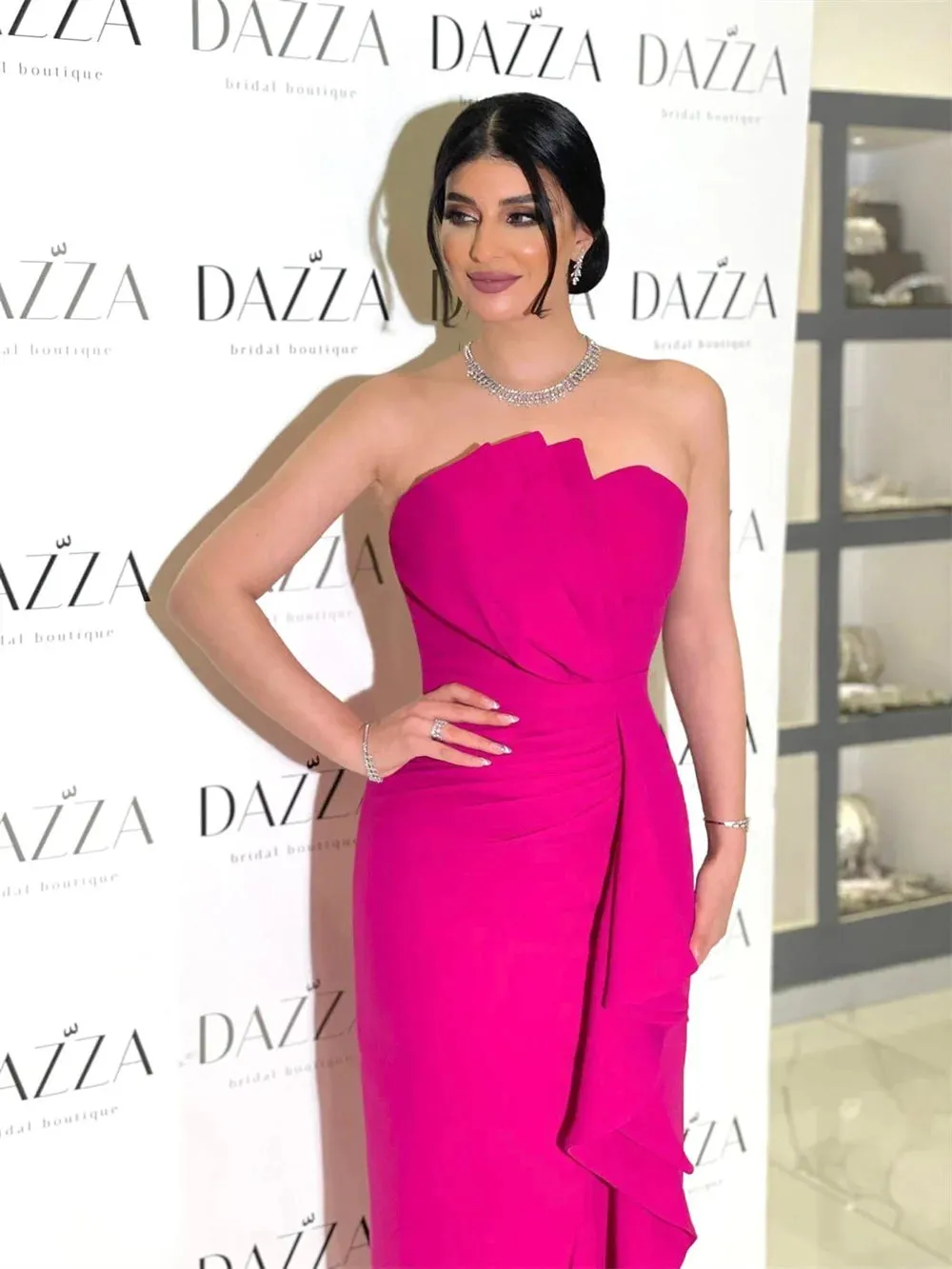 Strapless Mermaid Evening Dress Elegant Taffeta Fishtail Party Dress Elegant Fuchsia Knee Lenght - Image 4