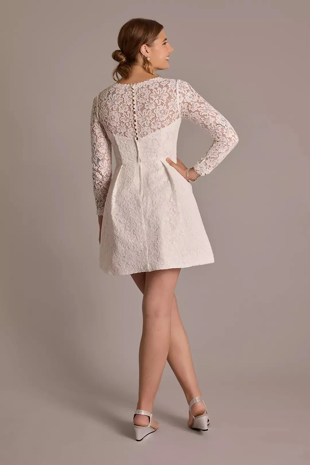 Long Sleeve Allover Lace Pleated Skirt Mini Dress Princess Court Train Bow Vestido De Novia Mermaid Wedding Dress Modern Satin Bridal Gown - Image 2