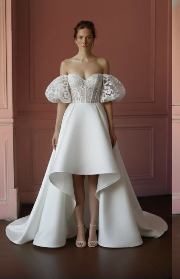 Off Shoulder Lace Wedding Dress Short Sweetheart Neckline Floral - Image 2