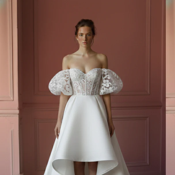 Off Shoulder Lace Wedding Dress Short Sweetheart Neckline Floral - Image 4