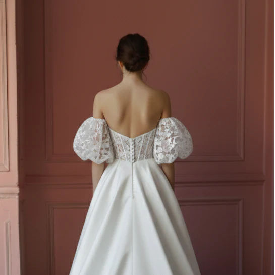 Off Shoulder Lace Wedding Dress Short Sweetheart Neckline Floral - Image 5