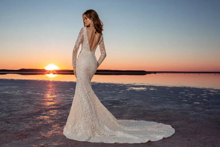 Stunning Mermaid Bridal Dress with Long Sleeves and V-Neckline, Designed with a Flattering Natural Waistline for a Sophisticated and Elegant Bridal Look - Image 2