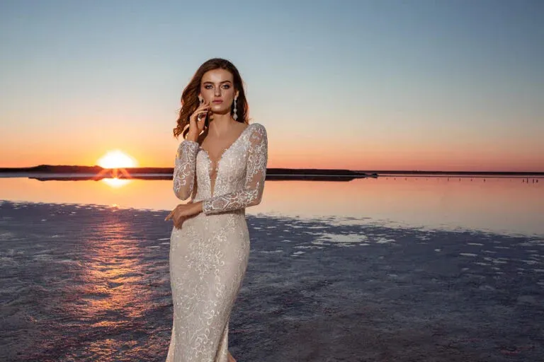 Stunning Mermaid Bridal Dress with Long Sleeves and V-Neckline, Designed with a Flattering Natural Waistline for a Sophisticated and Elegant Bridal Look - Image 3