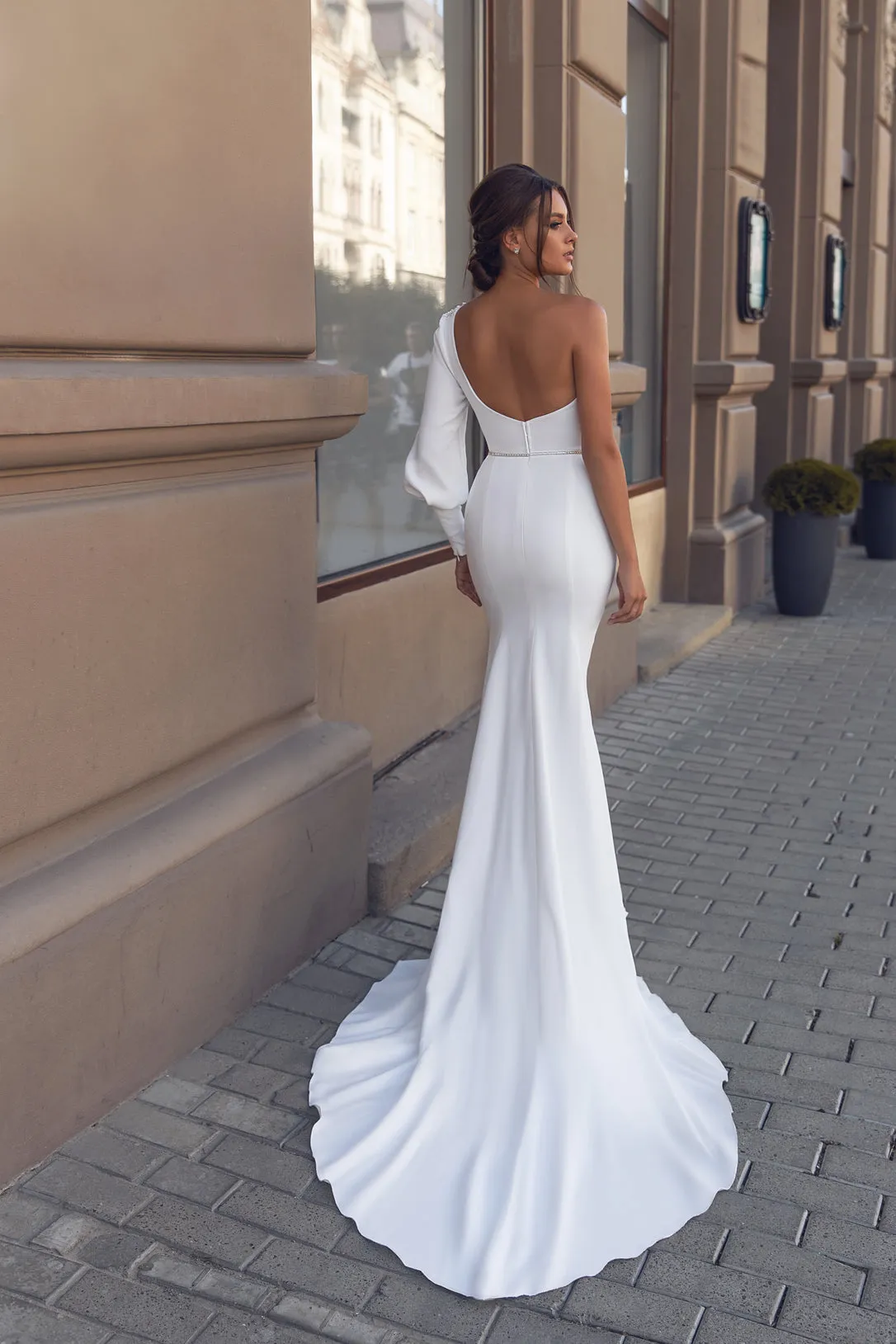 Stunning Mermaid Bridal Dress with Long Sleeves, Asymmetric Neckline & Flattering Natural Waistline for a Bold and Elegant Look - Image 3