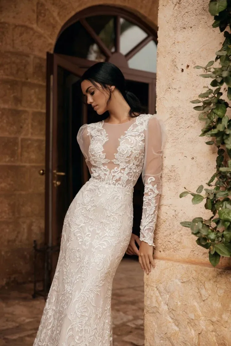 Stylish Mermaid Wedding Dresses For Women Full Sleeves V Neck Lace Appliques Brush Train Abito Da Sposa - Image 2
