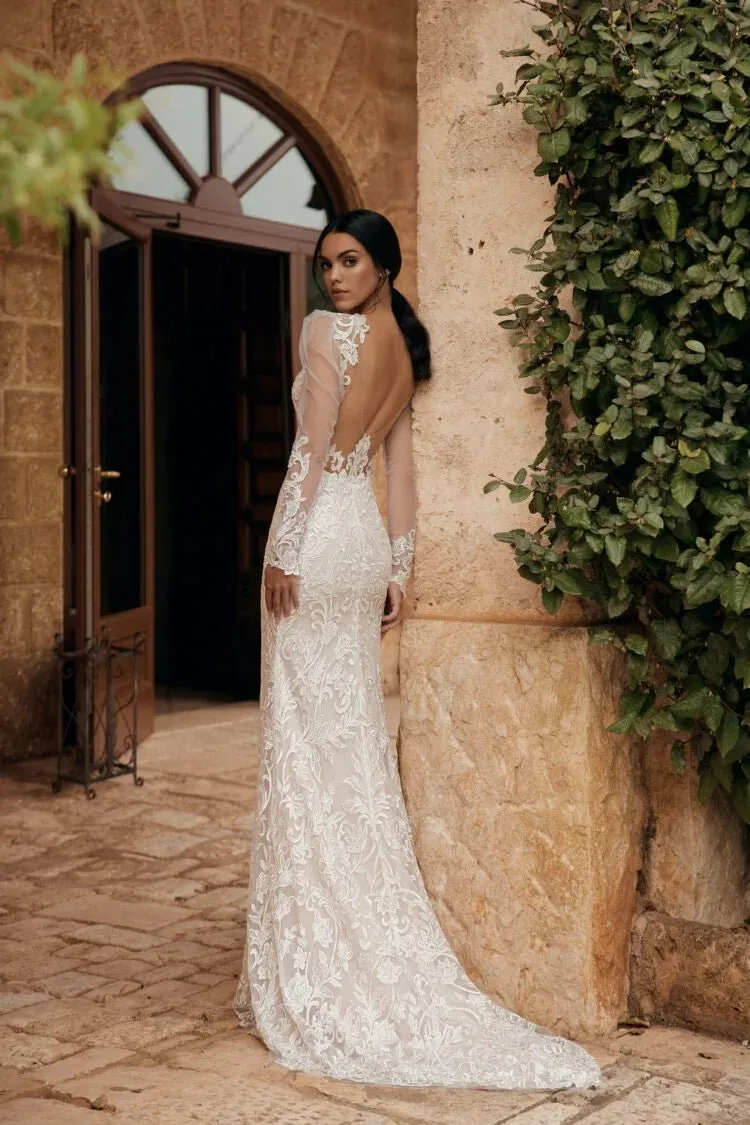Stylish Mermaid Wedding Dresses For Women Full Sleeves V Neck Lace Appliques Brush Train Abito Da Sposa - Image 3