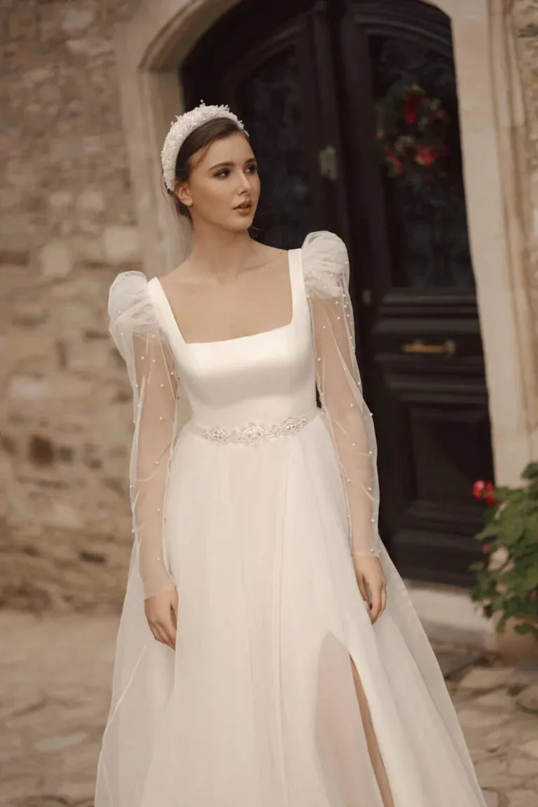 Stylish Square Collar Bridal Dress Slit Tulle Long Sleeves Backless A-line Vestido De Casamento Customized - Image 2