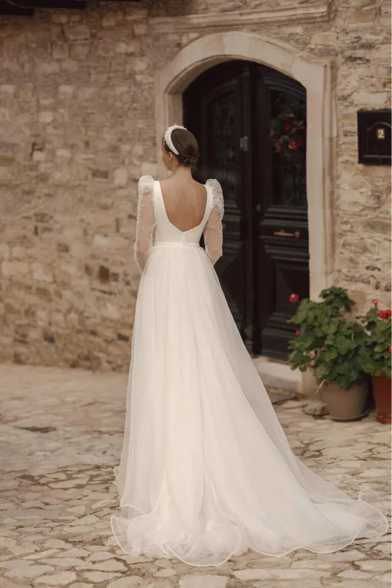 Stylish Square Collar Bridal Dress Slit Tulle Long Sleeves Backless A-line Vestido De Casamento Customized - Image 3