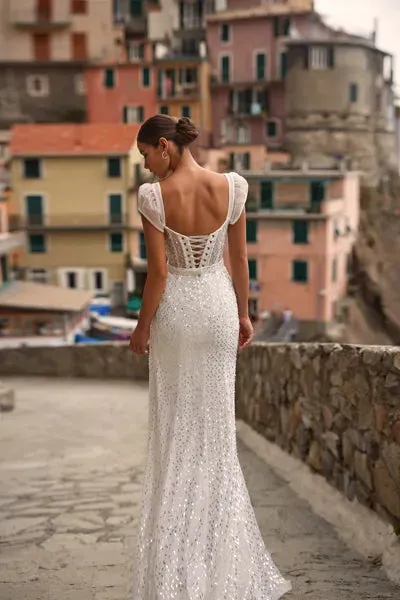 Stylish Wedding Dress with Cap Sleeves, Square Neckline, and Glitter Embellishments - Image 2