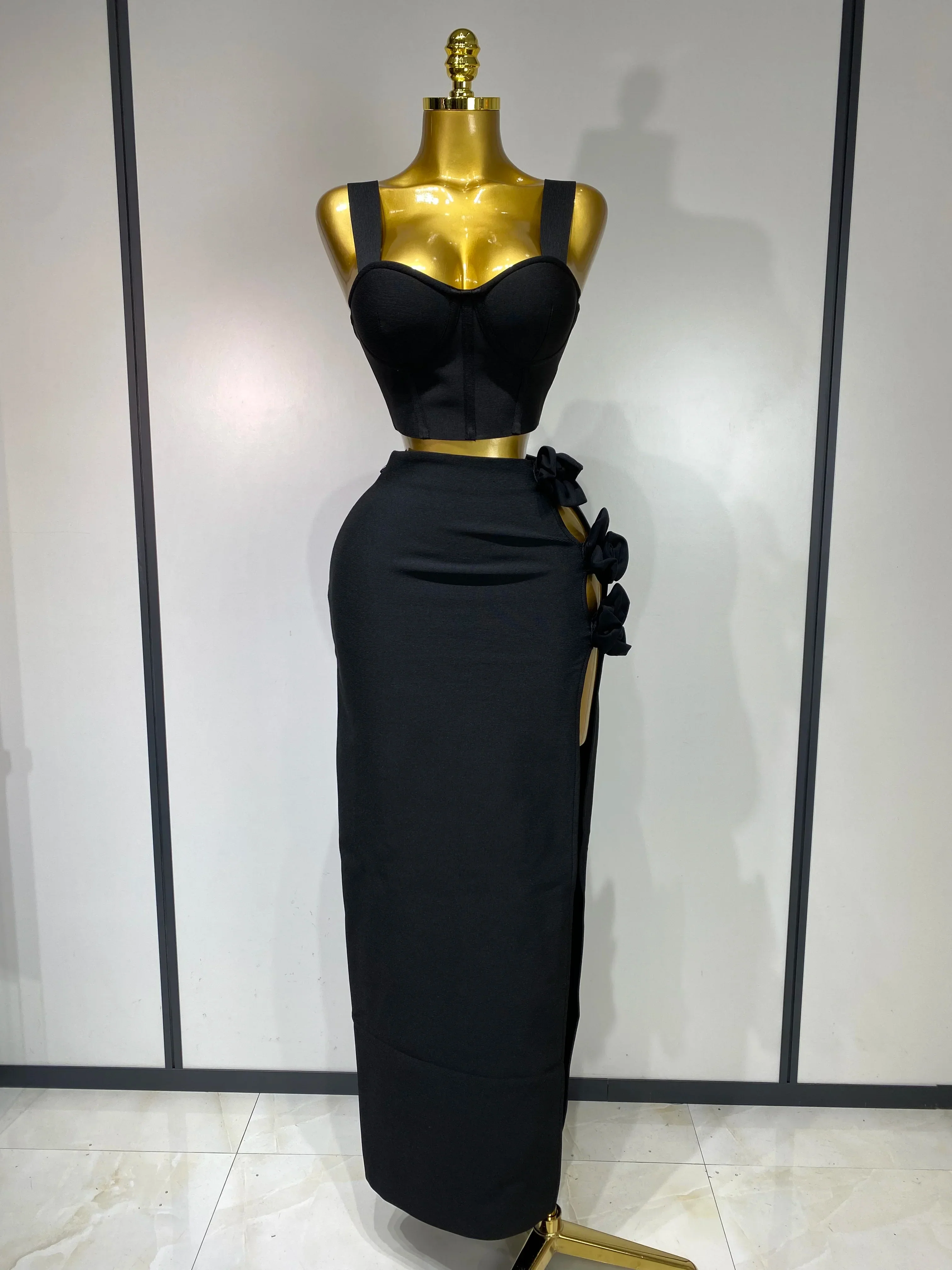 Summer New Women Sexy Flower Black Red Bandage Two Piece Set Celebrity Evening Party Skirt Suits Luxury Birthday Outfit