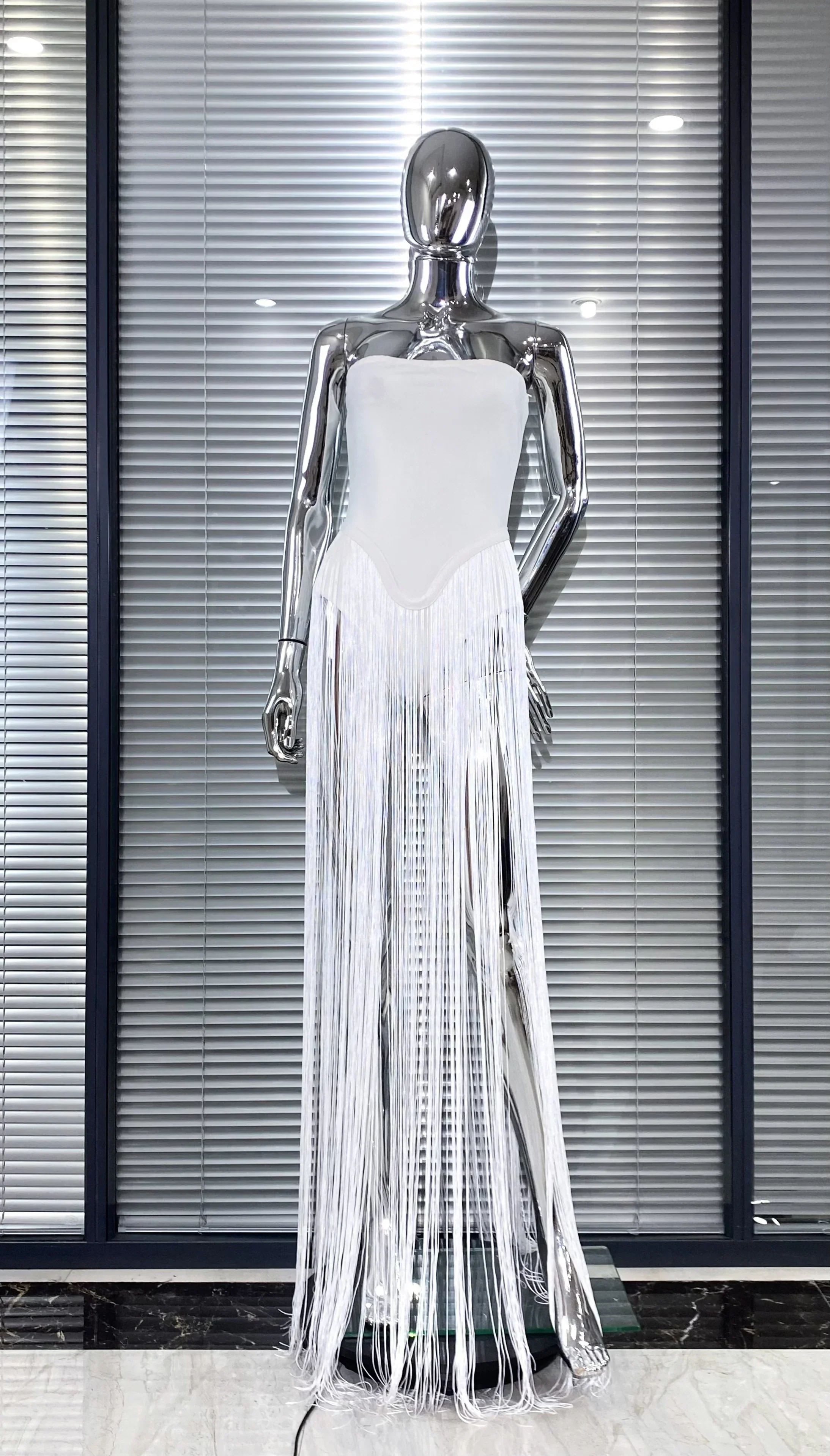 Summer White Color Long Tassel Strapless Bandage Jumpsuit Fashion Woman Party Bodysuit Vestido Performances Costume - Image 2