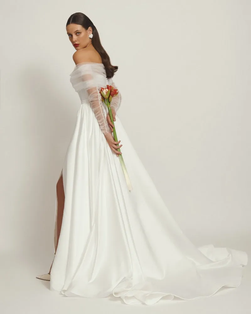 Detachable A-Line Skirt Train with Side Slit Wedding Dress Vestido De Novia Court Train Dress Satin Bow Bridal Gown Skirt Dress - Image 4