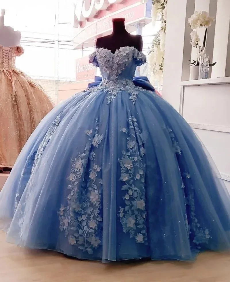 Sweetheart Dusty Blue Quinceanera Dress with 3D Floral Applique Off-Shoulder Vestidos Sweet 16 Dress Bow de soirée