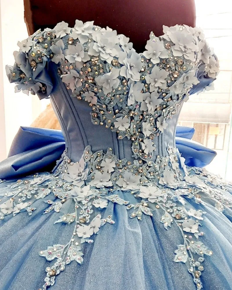 Sweetheart Dusty Blue Quinceanera Dress with 3D Floral Applique Off-Shoulder Vestidos Sweet 16 Dress Bow de soirée - Image 3
