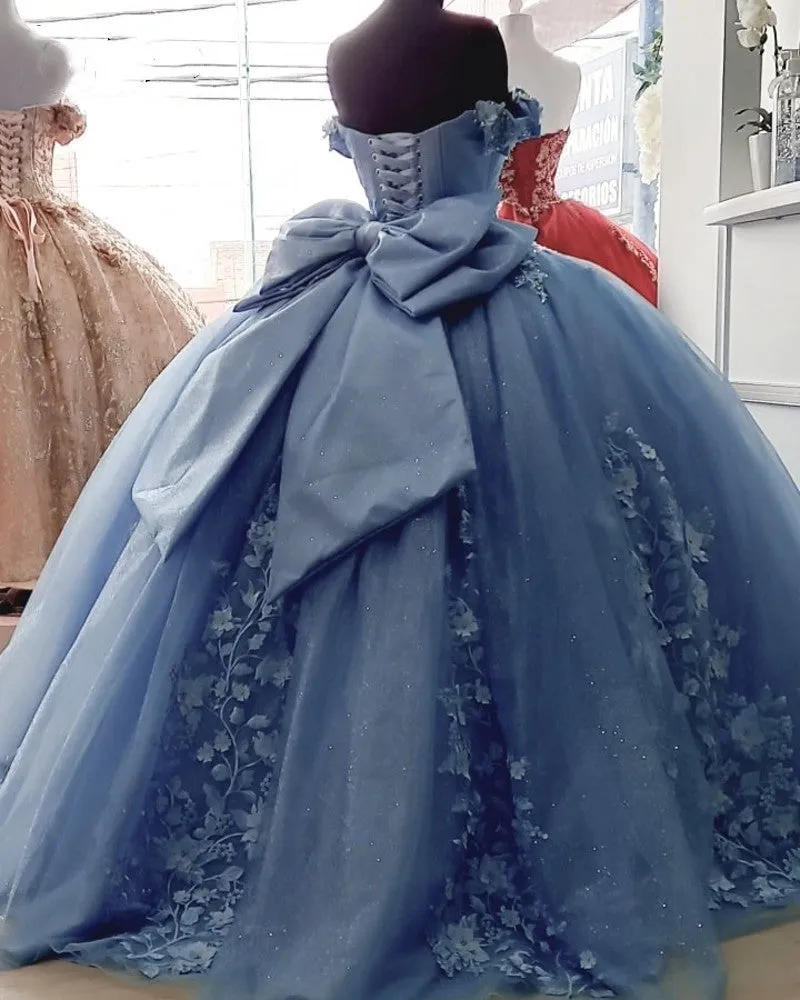 Sweetheart Dusty Blue Quinceanera Dress with 3D Floral Applique Off-Shoulder Vestidos Sweet 16 Dress Bow de soirée - Image 5