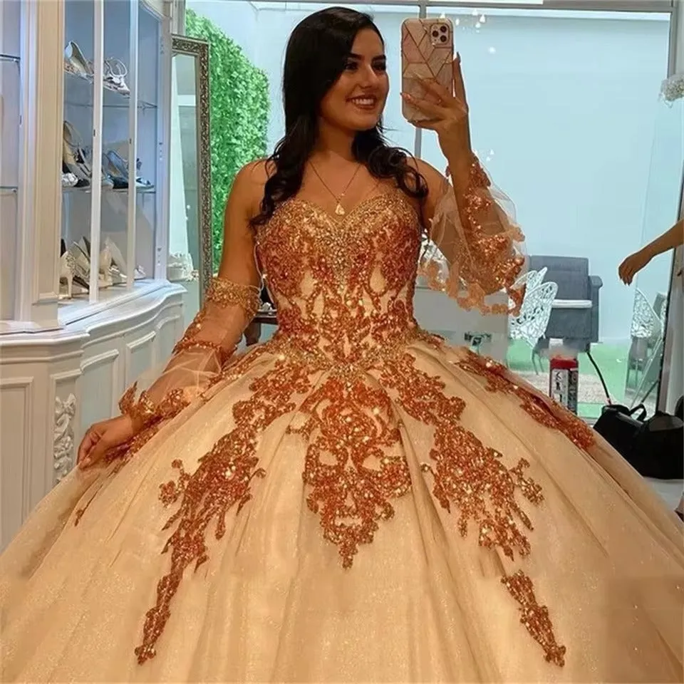 Sweetheart Quinceanera Dress Glitter For 15 Party Fashion Detachable Sleeves Applique Formal Birthday Princess Gown - Image 2