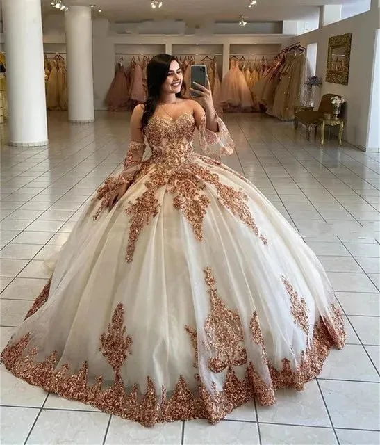 Sweetheart Quinceanera Dress Glitter For 15 Party Fashion Detachable Sleeves Applique Formal Birthday Princess Gown - Image 3