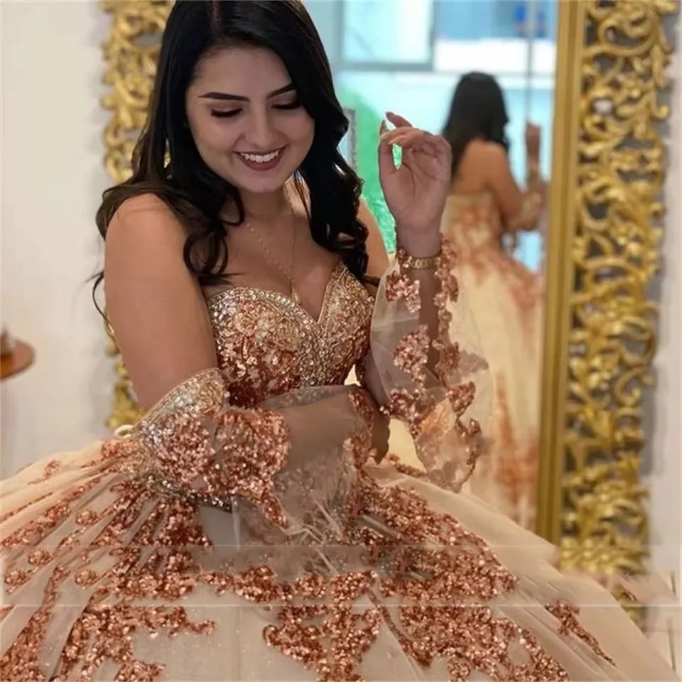 Sweetheart Quinceanera Dress Glitter For 15 Party Fashion Detachable Sleeves Applique Formal Birthday Princess Gown - Image 4