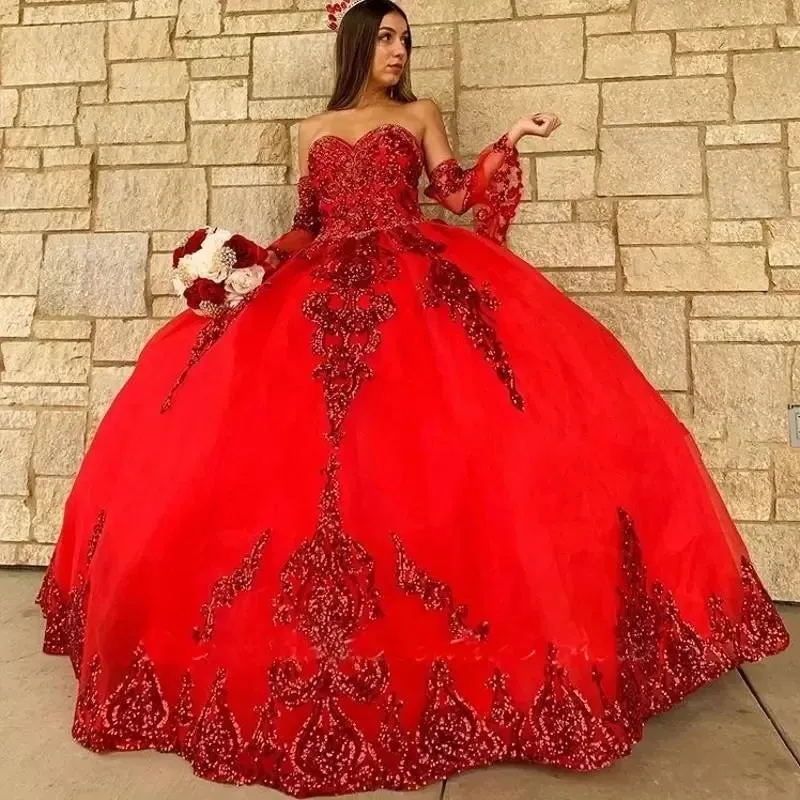 Sweetheart Quinceanera Dresses For 15 Party Detachable Sleeves Applique Formal Birthday Princess Gowns HOT - Image 3
