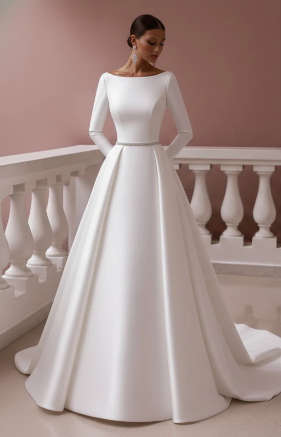 Simple Sleeve Wedding Dress Minimalist Long Crepe Stretch Gown - Image 2