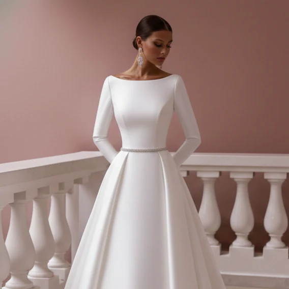 Simple Sleeve Wedding Dress Minimalist Long Crepe Stretch Gown - Image 4