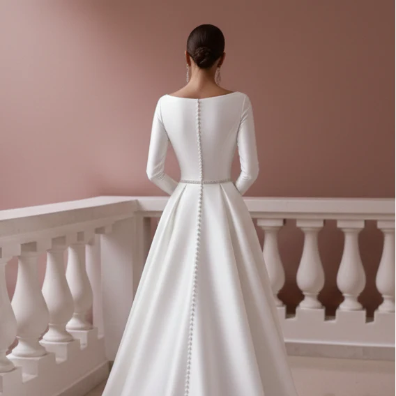 Simple Sleeve Wedding Dress Minimalist Long Crepe Stretch Gown - Image 5