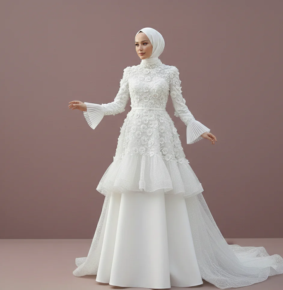Asymmetrical Muslim Wedding Dress Modest Boho Style Wear