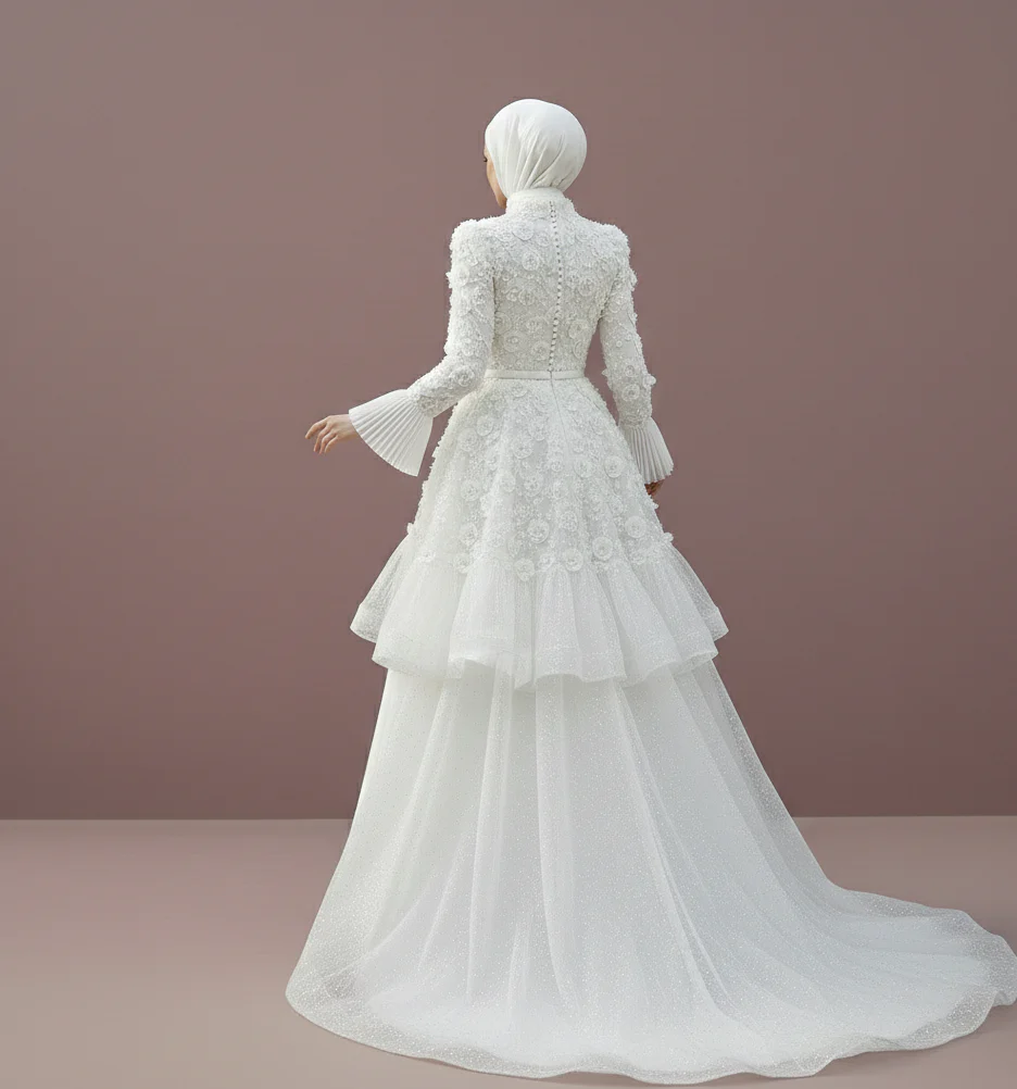 Asymmetrical Muslim Wedding Dress Modest Boho Style Wear - Image 2