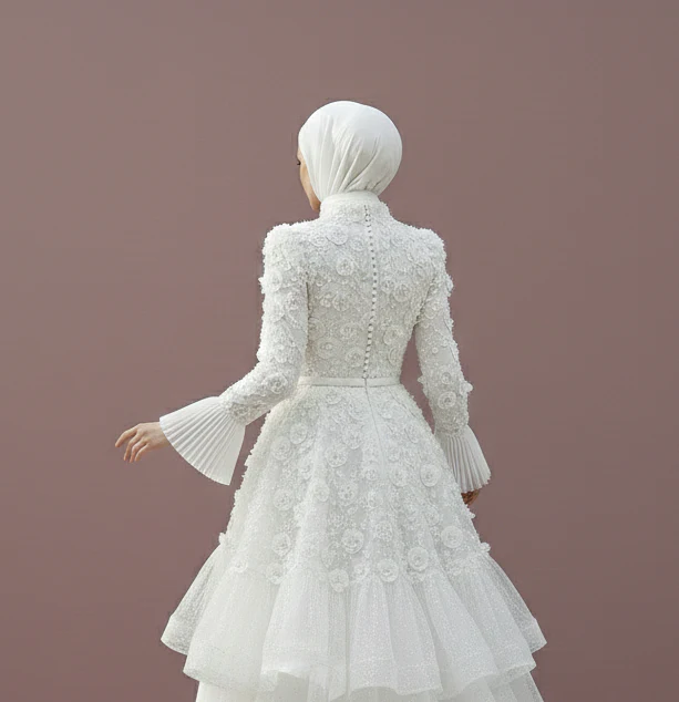 Asymmetrical Muslim Wedding Dress Modest Boho Style Wear - Image 3