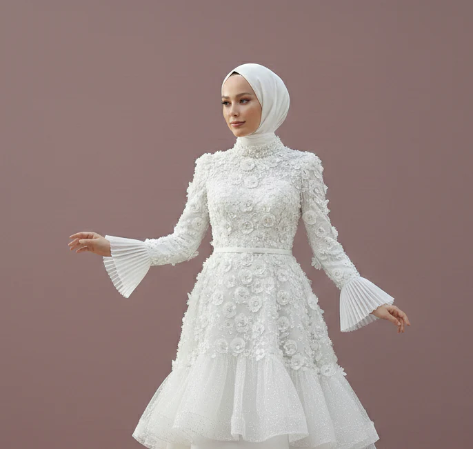 Asymmetrical Muslim Wedding Dress Modest Boho Style Wear - Image 4