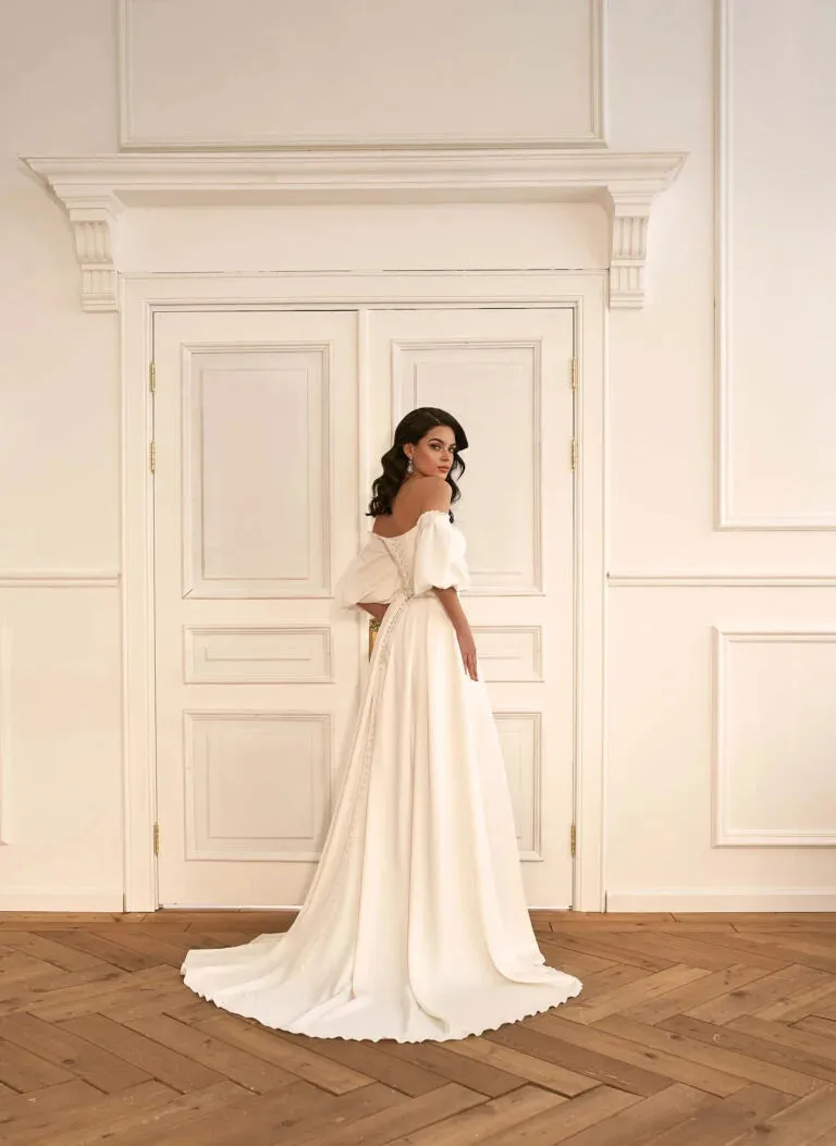 Timeless A-Line Bridal Dress with Dropped Sleeves, Open Neckline, Button Accents, and Natural Waistline - Image 4