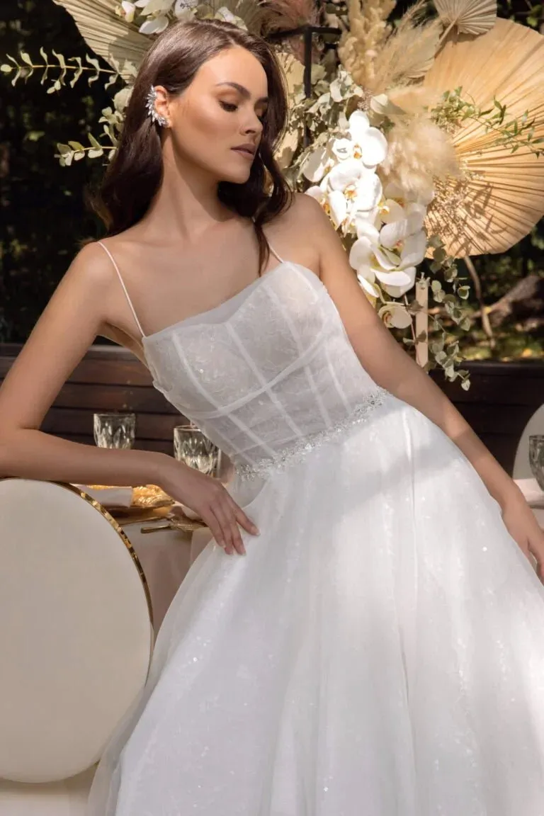 Timeless A-Line Wedding Dress with Spaghetti Straps, Straight Across Neckline, and Elegant Button Detailing - Image 2