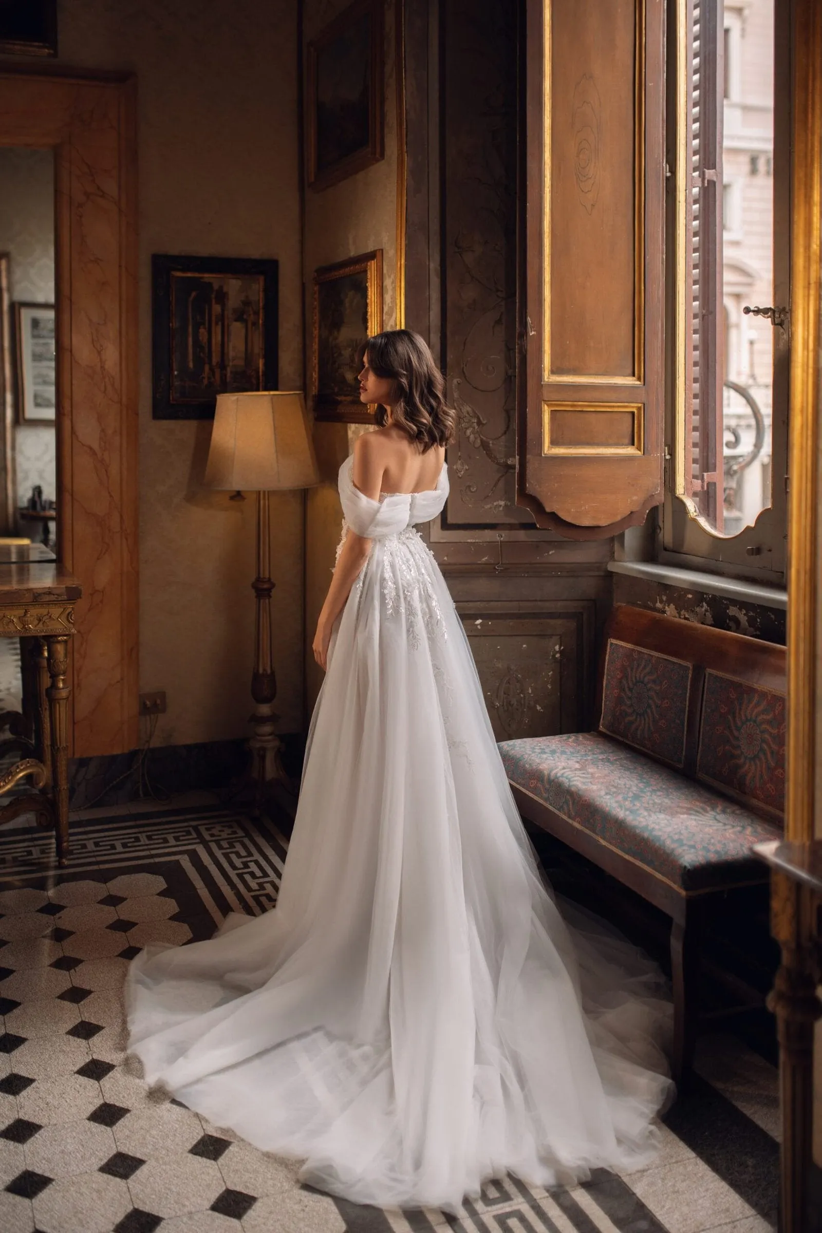 Timeless A-Line Wedding Gown with Delicate Lace, Sparkling Sequins, and Romantic Off-Shoulder Design for an Effortlessly Elegant Bridal Look - Image 2