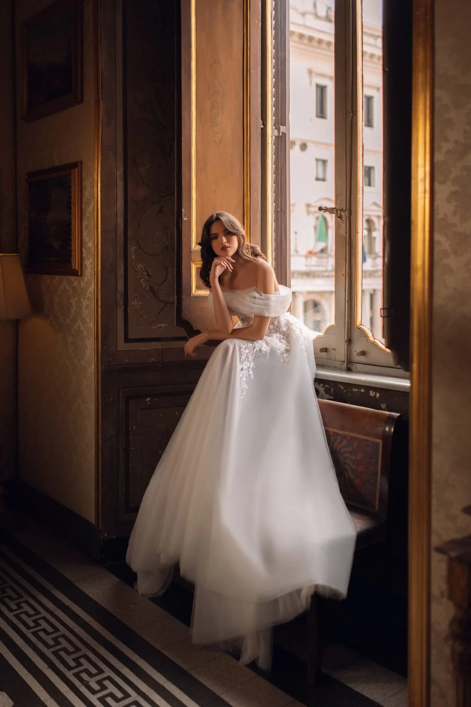 Timeless A-Line Wedding Gown with Delicate Lace, Sparkling Sequins, and Romantic Off-Shoulder Design for an Effortlessly Elegant Bridal Look - Image 3