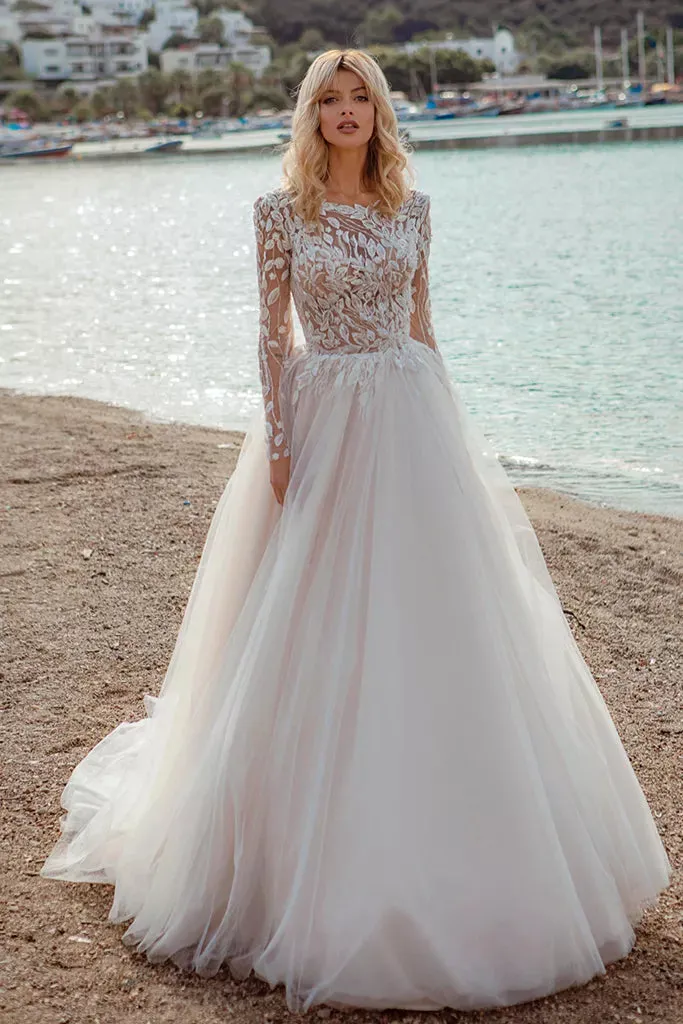 Timeless A-Line Wedding Gown with Elegant Long Sleeves, a Graceful Boat Neckline, and a Flattering Natural Waistline for a Romantic and Sophisticated Bridal Look - Image 2
