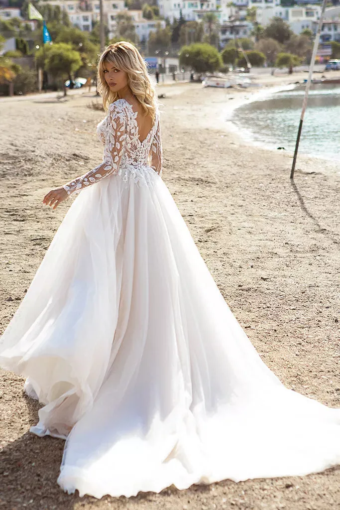 Timeless A-Line Wedding Gown with Elegant Long Sleeves, a Graceful Boat Neckline, and a Flattering Natural Waistline for a Romantic and Sophisticated Bridal Look - Image 3