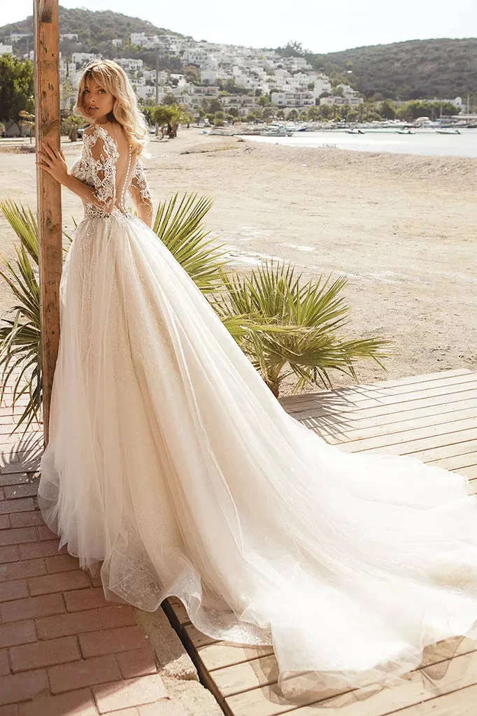 Timeless A-Line Wedding Gown with Elegant Long Sleeves, a Graceful V-Neckline for a Sophisticated and Breathtaking Bridal Look - Image 2