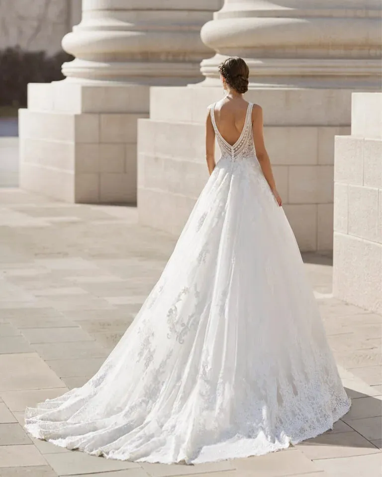 Timeless A-Line Wedding Gown with Spaghetti Straps, V-Neckline, and a Flattering Natural Waist for a Chic and Elegant Bridal Look - Image 2