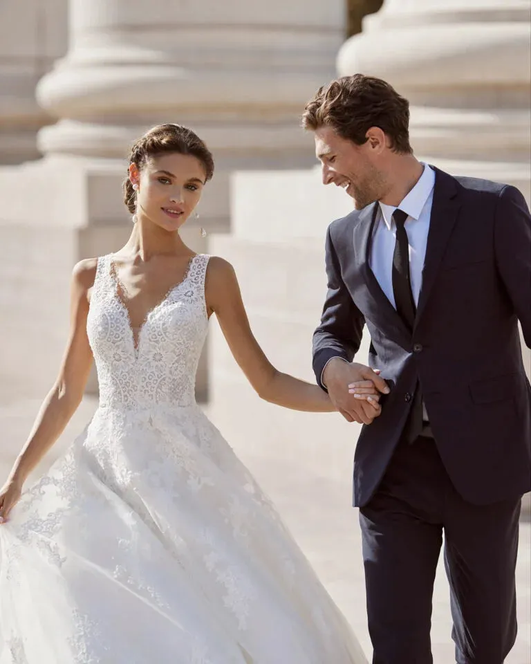 Timeless A-Line Wedding Gown with Spaghetti Straps, V-Neckline, and a Flattering Natural Waist for a Chic and Elegant Bridal Look - Image 3