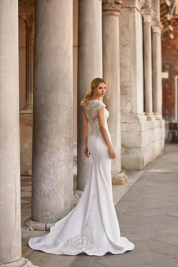 Timeless Mermaid Silhouette Wedding Dress Featuring a Graceful Boat Neckline, Delicate Cap Sleeves, and Elegant for a Sophisticated Bridal Look - Image 2