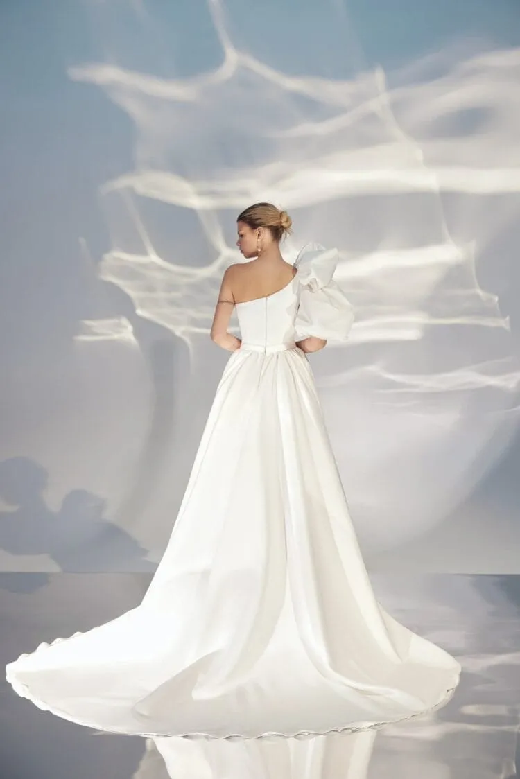 Timeless Off-Shoulder Sheath Wedding Gown with Strapless Neckline, Bant Embellishment, and Natural Waistline for a Stunning Bridal Look - Image 2