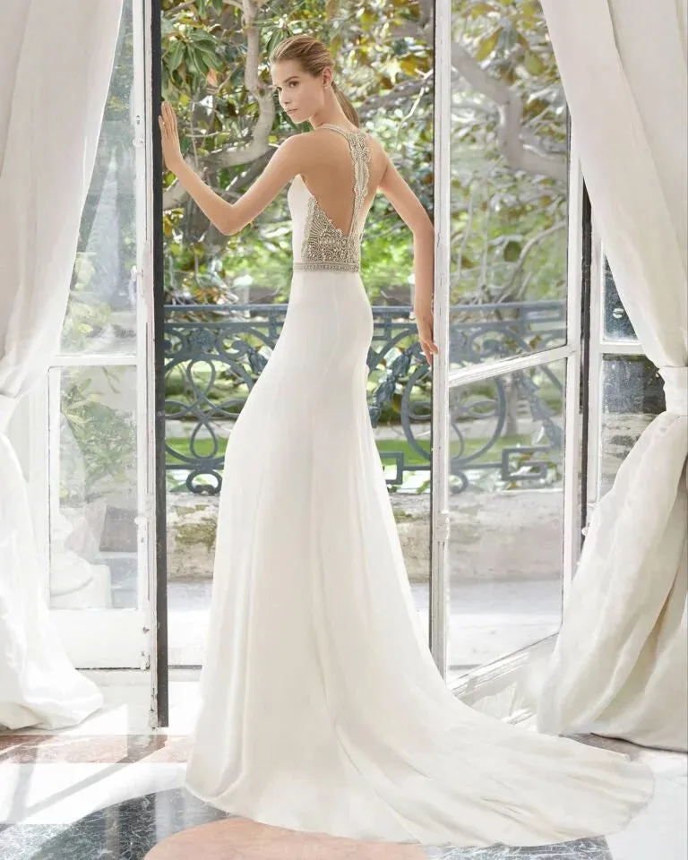 Timeless Strapless Sheath Wedding Gown with a Chic Jewel Neckline and Elegant Lace Detailing for a Graceful Bridal Look - Image 3