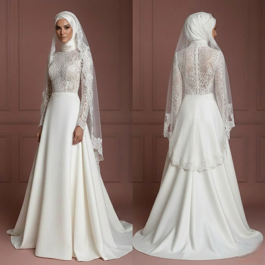 Hijab Bridal Gown Long Sleeve Modest Wedding Dress Set Muslim
